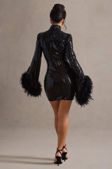 Cupid | Black Sequin High-Neck Mini Dress With Feather Cuffs