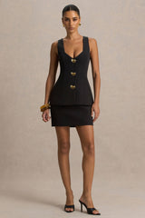 Angel | Black Plunge-Neck Tailored Mini Dress With Gold-Detailing