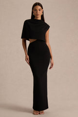 Roseth | Black High-Neck Maxi Dress With One-Sleeve And Body Cut-Out Detail