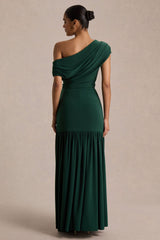 Kady | Dark Green Asymmetric-Neck Maxi Dress With Ruched Detailing