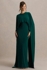 Padma | Bottle Green Draped Maxi Dress With Cape Sleeves