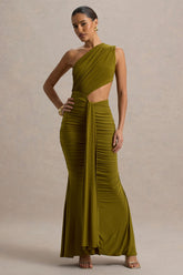 Beline | Green One-Shoulder Cut-Out Maxi Dress With Drape