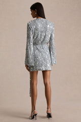 Carmina | Silver Sequin Plunge-Neck Wrap Mini Dress With Sash Detail