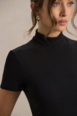 Bellona | Black High-Neck High-Low Midi Dress