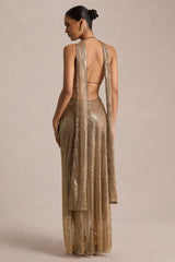 Anele | Gold Sequin High-Neck Maxi Dress With Sash And Open-Back