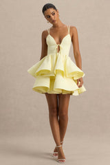 Flavia | Lemon Linen Plunge-Neck Ruffled Skater Micro-Mini Dress