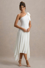 Lotus Love | White One-Shoulder Hanky-Hem Maxi Dress With Bow