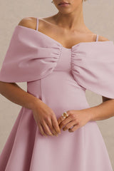 Faria | Blush Pink Short-Sleeve Bardot Mini Dress With Bow Detail