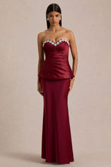Milia | Burgundy Satin Hand-Embellished Strapless Corset Maxi Dress