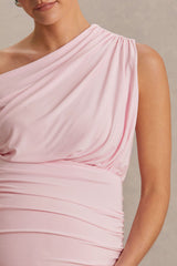 Linnea | Blush Pink Asymmetric-Neck Maternity Midi Dress
