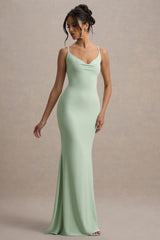 Francoise | Light Green Cowl Neck Backless Maxi Dress With Lace Insert
