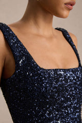 Lima | Navy Sequin Square-Neck A-Line Midi Dress