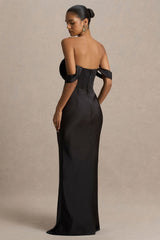 Perenna | Black Satin Sweetheart-Neck Maxi Dress With Draped-Sleeves