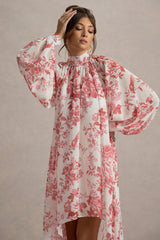 Delphia | Pink Porcelain Print High-Neck Maxi Dress With High-Low Hem