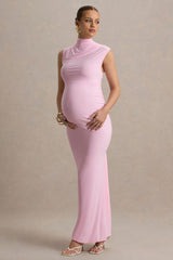 Kienna | Pink Ruched High-Neck Maternity Maxi Dress