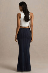 Elana | Navy Pinstripe Maxi Skirt With Front-High Split