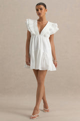 Judie | White Poplin V-Neck Ruffled Mini Dress