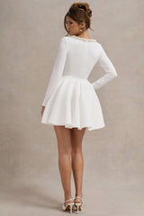 Wilder | White Embellished Square-Neck Long-Sleeve Skater Mini Dress