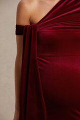 Zena | Burgundy Velvet Asymmetric-Neck Maternity Midi Dress With Knot And Sash Detail