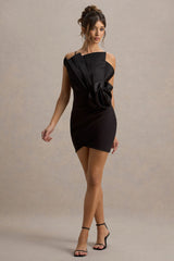 Olivette | Black Ruffled Mini Dress With Corsage Detail
