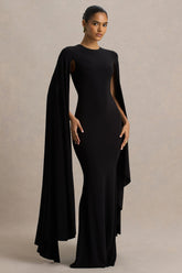 Briony | Black Crew-Neck Maxi Dress With Cape Sleeves