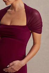Dome | Burgundy Square-Neck Mesh-Sleeve Maternity Maxi Dress
