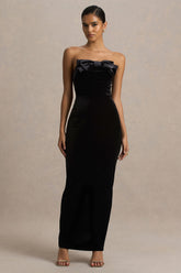Illusion | Black Velvet Bandeau Maxi Dress With Bow Detail