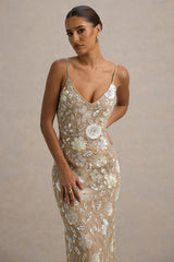 Gemini | Floral Sequin Hand-Embellished Strappy Maxi Dress