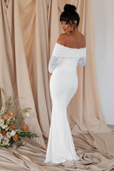 Pretty Perfect | White Maternity Ruched Mesh Bardot Maxi Dress