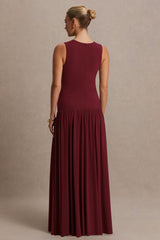 Outline | Burgundy Crew-Neck Maternity Maxi Dress With Pleated Skirt
