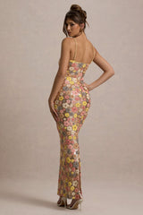 Vitora | Pastel Floral Print Embellished Sequin Square-Neck Maxi Dress