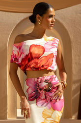 Lia | Large Multi Floral Print Asymmetric Crop-Top