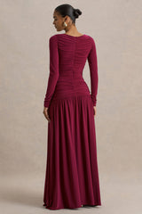 Aniyah | Burgundy Slashed-Neck Maxi Dress With Ruched Detailing