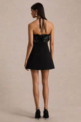 Tempest | Black Halter-Neck Mini Dress With Hand-Embellished Panel