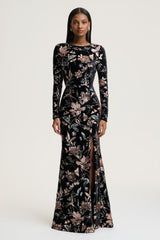 Lyric | Black Floral Velvet And Sequin Embellished Crew-Neck Maxi Dress