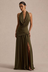 Mist | Olive Plunge-Neck Maxi Dress With Knot-Detail And Open-Back