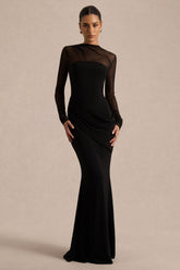 Deema | Black Jersey And Mesh High Neck Maxi Dress