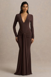 Saffie | Chocolate Extreme-Plunge Wrap Maxi Dress With Long-Sleeves And Ruched Detailing