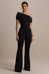Alexandra | Black Asymmetric-Neck Draped Jumpsuit