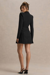Blossoming | Black Plunge-Neck Tailored Mini Dress With Pleating