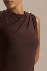 Fiora | Brown Wide-Neck Maxi Dress With Gathered Detail