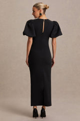 Luna | Black Crew-Neck Maternity Midi Dress With Puff-Sleeves