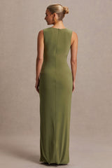 Raven | Olive Boat-Neck Maternity Maxi Dress With Gathered-Detailing