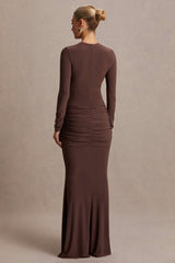 Aveny | Brown Crew-Neck Maternity Maxi Dress With Ruched-Detailing And Sash