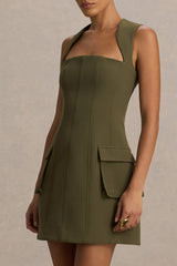 Mollie | Khaki Square-Neck Tailored Micro Mini Dress