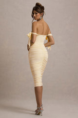 Citrus | Pale Lemon Bardot Bodycon Midi Dress With Bow Sleeves