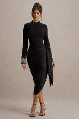 Luanna | Black Satin Long-Sleeve Midi Dress With Draped Skirt And Embellised Cuffs