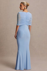 Zaria | Powder Blue Crew-Neck Maternity Maxi Dress With Cape-Overlay