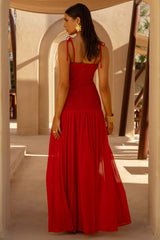 Maeva | Red Square-Neck Fishtail Maxi Dress With Ruched Detailing