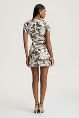 Ophelia | White And Green Embellished Sequin Floral And Mesh Mini Dress With Short Sleeves